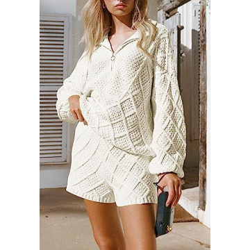 Women's 2024 Fall Casual 2 Piece Outfits Sweater Set Half Zip Cable Knit Pullover Top and Shorts Pant Lounge Sets White L