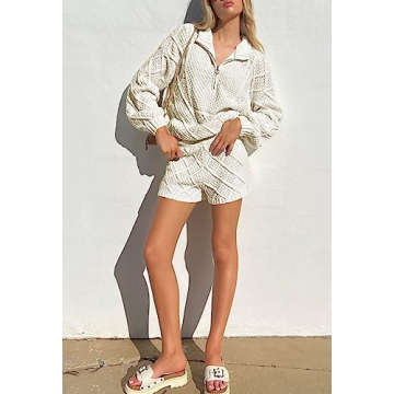 Women's 2024 Fall Casual 2 Piece Outfits Sweater Set Half Zip Cable Knit Pullover Top and Shorts Pant Lounge Sets White L
