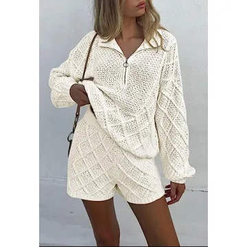 Women's 2024 Fall Casual 2 Piece Outfits Sweater Set Half Zip Cable Knit Pullover Top and Shorts Pant Lounge Sets White L
