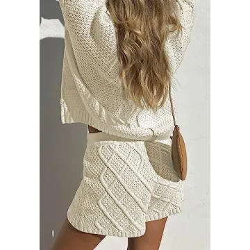 Women's 2024 Fall Casual 2 Piece Outfits Sweater Set Half Zip Cable Knit Pullover Top and Shorts Pant Lounge Sets White L