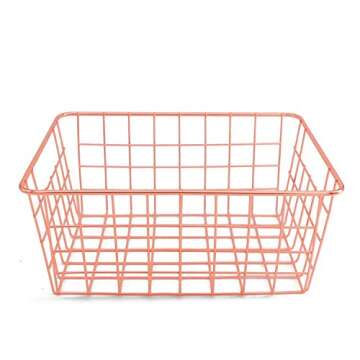 Metal Wire Storage Basket with Handles for Kitchen Food Pantry Papers Home Office Desk Basket Bathroom Laundry Room Basket Bedroom Bed Room, Rose Gold