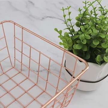 Metal Wire Storage Basket with Handles for Kitchen Food Pantry Papers Home Office Desk Basket Bathroom Laundry Room Basket Bedroom Bed Room, Rose Gold