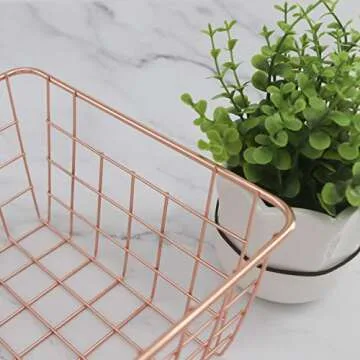 Metal Wire Storage Basket with Handles for Kitchen Food Pantry Papers Home Office Desk Basket Bathroom Laundry Room Basket Bedroom Bed Room, Rose Gold