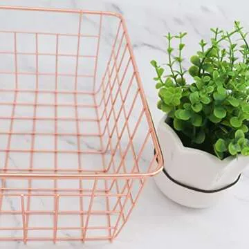 Metal Wire Storage Basket with Handles for Kitchen Food Pantry Papers Home Office Desk Basket Bathroom Laundry Room Basket Bedroom Bed Room, Rose Gold