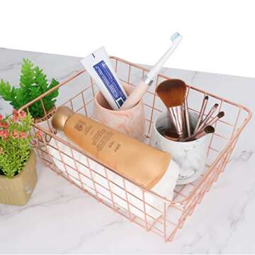 Metal Wire Storage Basket with Handles for Kitchen Food Pantry Papers Home Office Desk Basket Bathroom Laundry Room Basket Bedroom Bed Room, Rose Gold