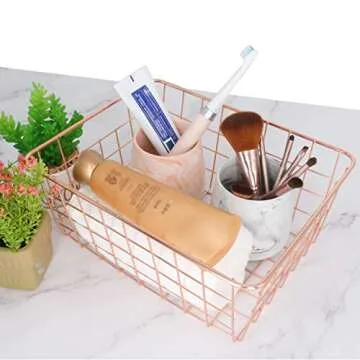 Metal Wire Storage Basket with Handles for Kitchen Food Pantry Papers Home Office Desk Basket Bathroom Laundry Room Basket Bedroom Bed Room, Rose Gold