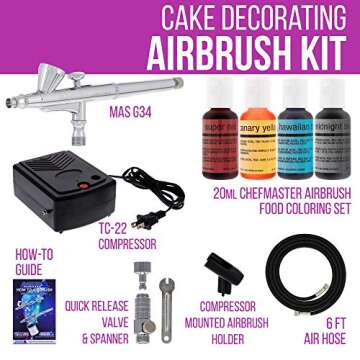 Master Airbrush Cake Decorating Airbrushing System Kit with a Set of 4 Chefmaster Food Colors, G34 Gravity Feed Dual-Action Airbrush, Air Compressor, Hose, Storage Case