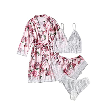 SOLY HUX Women's Satin Pajama Set 4pcs Floral Lace Trim Cami Lingerie Sleepwear with Robe Multicolou...