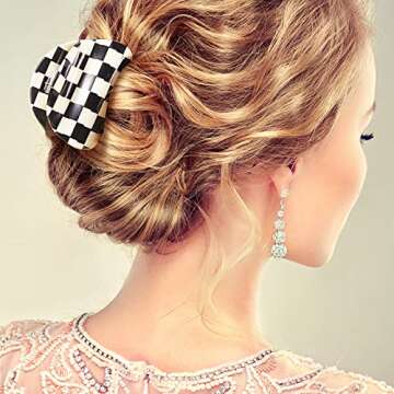 4 Pieces Checkered Hair Claw Clips Non Slip Hair Jaw Clip Large Rectangular Hair Barrettes for Thick Thin Curly Straight Long Hair for Women Girls 80's Hair Accessories Black and White (Simple Style)