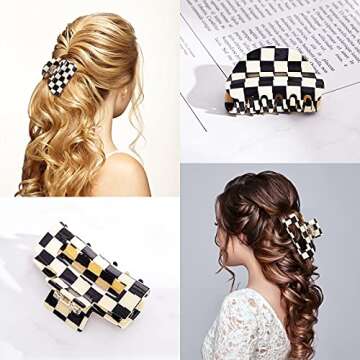 4 Pieces Checkered Hair Claw Clips Non Slip Hair Jaw Clip Large Rectangular Hair Barrettes for Thick Thin Curly Straight Long Hair for Women Girls 80's Hair Accessories Black and White (Simple Style)