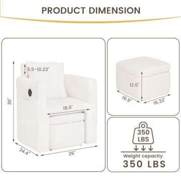COCO DESIGN Barrel Accent Chair with Storage Ottoman, Sherpa Upholstered Modern Side Arm Sofa Chair for Bedroom/Office/Living Room, Adjustable Headrest, USB Charge, White