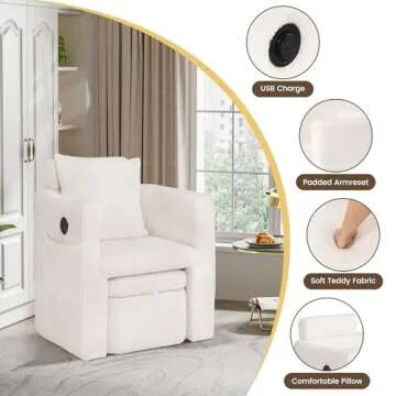 COCO DESIGN Barrel Accent Chair with Storage Ottoman, Sherpa Upholstered Modern Side Arm Sofa Chair for Bedroom/Office/Living Room, Adjustable Headrest, USB Charge, White