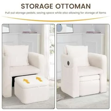 COCO DESIGN Barrel Accent Chair with Storage Ottoman, Sherpa Upholstered Modern Side Arm Sofa Chair for Bedroom/Office/Living Room, Adjustable Headrest, USB Charge, White