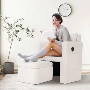 COCO DESIGN Barrel Accent Chair with Storage Ottoman, Sherpa Upholstered Modern Side Arm Sofa Chair for Bedroom/Office/Living Room, Adjustable Headrest, USB Charge, White