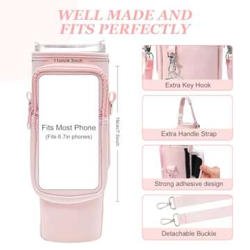 PRAGATISM Water Bottle Holder with Strap Pouch and Handle fits for Stanley 40/30 oz Tumbler, Water Bottle Carrier Bag with 4.9FT Strap, Bottle Pouch for Stanley Cup Accessories