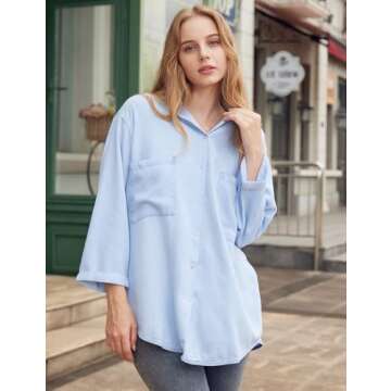 Yimoon Womens Denim Shirt Chambray Blue Button Down Jean Shirt Denim Tops Soft Tencel Casual 3/4 Sleeve Jackat(LightBlue-S)