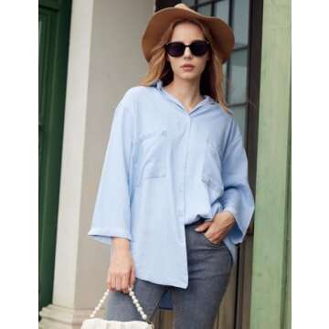 Yimoon Womens Denim Shirt Chambray Blue Button Down Jean Shirt Denim Tops Soft Tencel Casual 3/4 Sleeve Jackat(LightBlue-S)