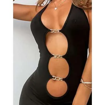 Verdusa Women's Cutout Front Sleeveless Open Back Halter Neck Bodycon Mini Dress Black S