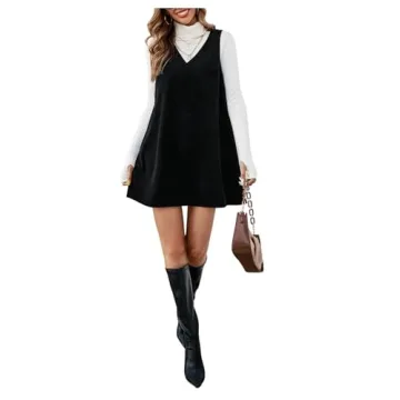 COZYEASE Women's V Neck Corduroy Pinafore Dress