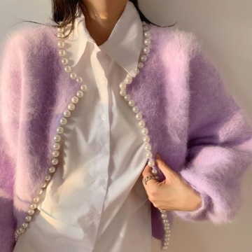 Elegant Pearl Trim Cardigan Sweater for Women