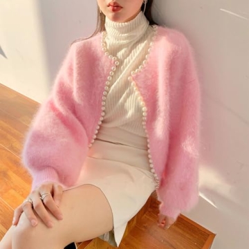 Elegant Pearl Trim Cardigan Sweater for Women