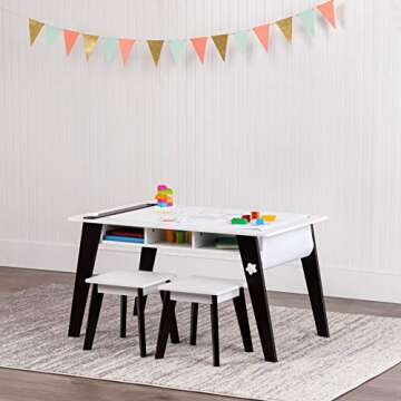 Wildkin Kids Arts and Crafts Table Set for Boys and Girls, Mid Century Modern Design , Includes Two Stools, Paper & Storage Cubbies Underneath Helps Keep Art Supplies Organized (Espresso)