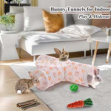 HERCOCCI Rabbit Toys, Bunny Tunnels & Tubes, Collapsible 3 Way Rabbit Hideout Tunnel with Chew Toys ...