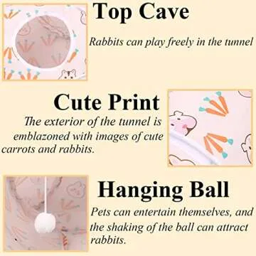 HERCOCCI Rabbit Toys, Bunny Tunnels & Tubes, Collapsible 3 Way Rabbit Hideout Tunnel with Chew Toys for Rabbit Bunny Guinea Pig Ferret Kitten