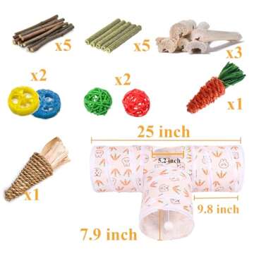 HERCOCCI Rabbit Toys, Bunny Tunnels & Tubes, Collapsible 3 Way Rabbit Hideout Tunnel with Chew Toys for Rabbit Bunny Guinea Pig Ferret Kitten