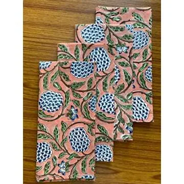 Ridhi Home Kitchen Linen 100% Cotton Cloth Dinner Napkins Handmade Floral Block Print- Soft Designer Napkins (Dark Salmon)