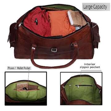 Travel Duffle Leather Bag for Women Men Teen Overnight Gym Sports Garment Weekend Luggage Carry On Airplane Underseat Bag Zipper Large Size Strong Vintage Rustic 21 Inch Duffel Bag by Cureo