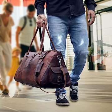 Travel Duffle Leather Bag for Women Men Teen Overnight Gym Sports Garment Weekend Luggage Carry On Airplane Underseat Bag Zipper Large Size Strong Vintage Rustic 21 Inch Duffel Bag by Cureo
