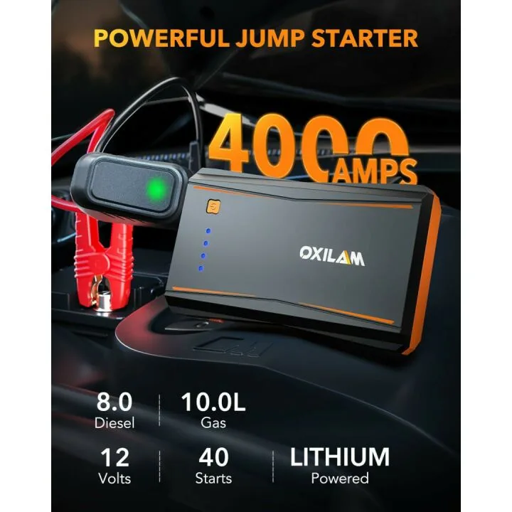 OXILAM Jump Starter, 4000A Peak Car Battery Jumper Starter Portable, Up to 10L Gas and 8L Diesel Engines, UltraSafe 12V Jumper Cables with Battery Pack, Power Bank, 600 LM LED Flashlight, Orange
