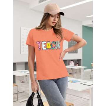 Qskall Teacher Shirts for Women Teach Teaching Tshirt Teacher Life Tee Tops Orange