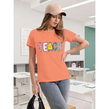 Qskall Teacher Shirts for Women Teach Teaching Tshirt Teacher Life Tee Tops Orange