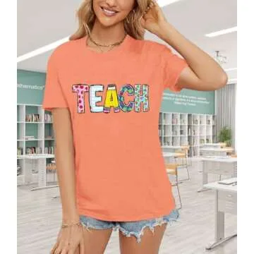 Qskall Teacher Shirts for Women Teach Teaching Tshirt Teacher Life Tee Tops Orange