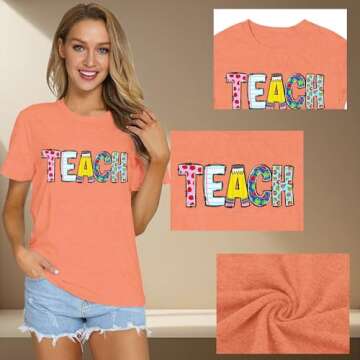 Qskall Teacher Shirts for Women Teach Teaching Tshirt Teacher Life Tee Tops Orange