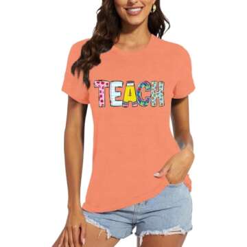 Qskall Teacher Shirts for Women Teach Teaching Tshirt Teacher Life Tee Tops Orange