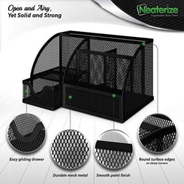 NEATERIZE Desk Organizer-Vibrant Colors Mesh Desktop Organizer and Holder for Pen, Pencil, Small Office Supplies and Stationary Accessories Storage Organization. Use for Dorm, College & School (Black)