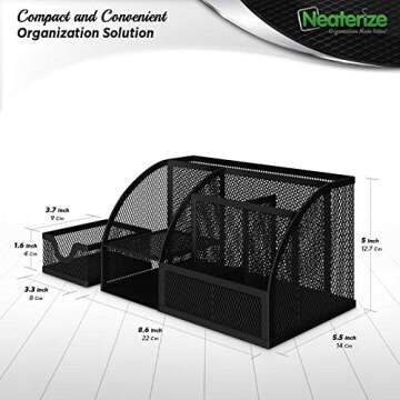 NEATERIZE Desk Organizer-Vibrant Colors Mesh Desktop Organizer and Holder for Pen, Pencil, Small Office Supplies and Stationary Accessories Storage Organization. Use for Dorm, College & School (Black)