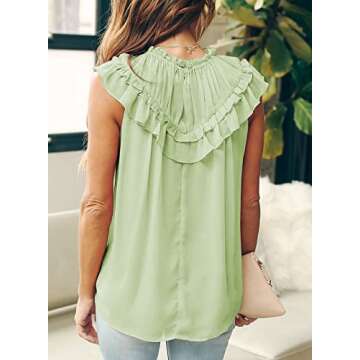 Diukia Women's Summer Cute Ruffle Tank Tops Flowy Chiffon Lined Sleeveless Shirts Blouse Casual Solid Color Pleated Mock Neck Top for Teen Girls Juniors Ladies Green S