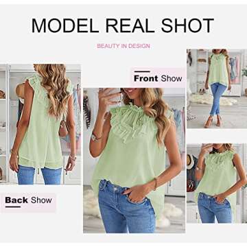 Diukia Women's Summer Cute Ruffle Tank Tops Flowy Chiffon Lined Sleeveless Shirts Blouse Casual Solid Color Pleated Mock Neck Top for Teen Girls Juniors Ladies Green S