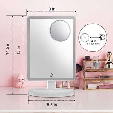 Large Lighted Makeup Mirror, Makeup Mirror with 88 LED Lights and Magnification, Lighted Vanity Mirror with Mini 10X Magnifying Mirror, Touch Control Design, 3 Colors Lighting Modes, Stepless Dimming
