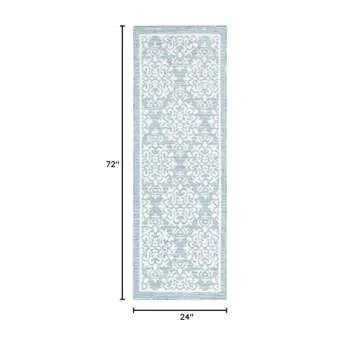 TOWN & COUNTRY EVERYDAY Walker Damask Medallion Everwash™ Washable Multi-Use Decorative Rug, Tufted Kitchen Runner Rug, Low-Profile Door Mat, Bath Rug with Non-Slip Backing, Light Blue, 24"x72"