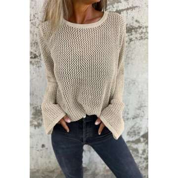 Allimy Womens Sweaters Hollow Out Crochet Metallic Knits Crewneck Long Sleeve Sweater Pullover Outerwear Apricot M