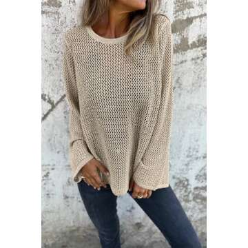 Allimy Womens Sweaters Hollow Out Crochet Metallic Knits Crewneck Long Sleeve Sweater Pullover Outerwear Apricot M