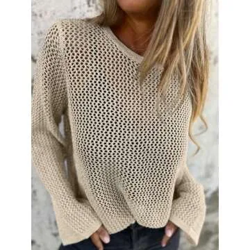Allimy Womens Sweaters Hollow Out Crochet Metallic Knits Crewneck Long Sleeve Sweater Pullover Outerwear Apricot M