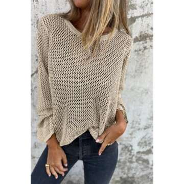 Allimy Womens Sweaters Hollow Out Crochet Metallic Knits Crewneck Long Sleeve Sweater Pullover Outerwear Apricot M