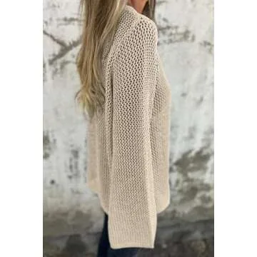 Allimy Womens Sweaters Hollow Out Crochet Metallic Knits Crewneck Long Sleeve Sweater Pullover Outerwear Apricot M