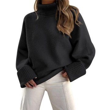 LILLUSORY Womens Turtleneck Long Sleeve Oversized 2024 Fall Fuzzy Knit Chunky Warm Pullover Sweater Tops Black